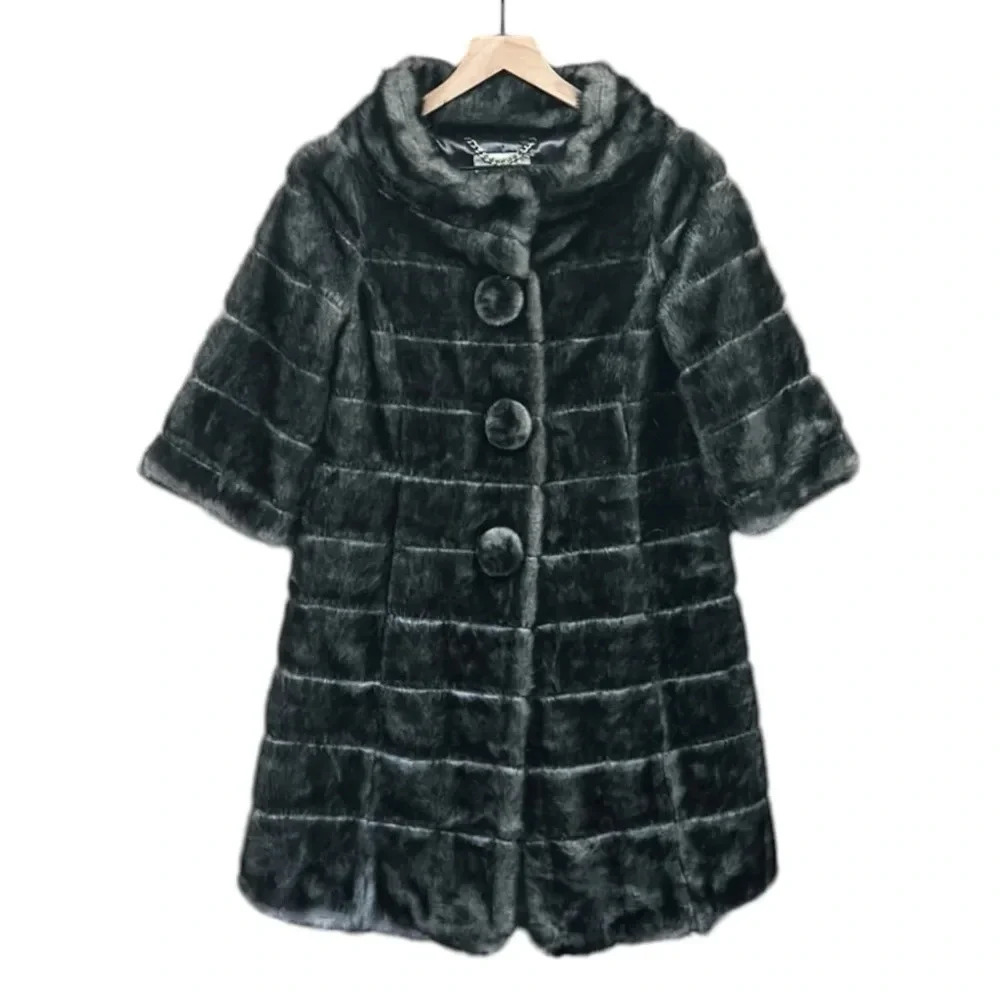 BB Dakota Vintage Inspired Faux Fur 3/4 Sleeve Black Gray Coat  Size Small